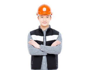 Confident young Asian male construction worker wearing orange safety helmet, checkered shirt, and black vest, standing with arms crossed, isolated on transparency background