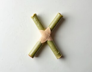 Two cannabis joints are crossed and secured with a beige medical plaster on a clean white surface. The image implies healing or treatment related to marijuana use.