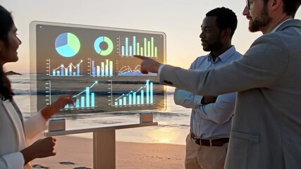 Diverse business team collaborating on data analytics using a futuristic holographic screen on a beach at sunset - Powered by Adobe