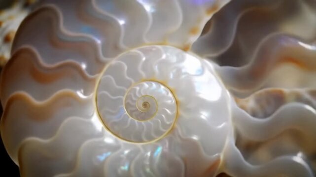 Close-up of pearlescent nautilus shell, highlighting the intricate spiral design for natural art