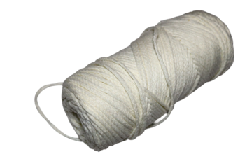 A spool of white yarn sits on a plain white background, ready for use
