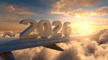 3D text "2026" on the wing of an airplane flying in the sky with clouds and a vibrant sunrise background, symbolizing travel and new year celebration.