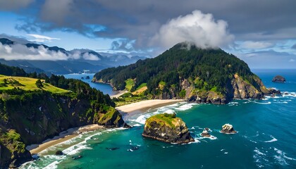 Scenic coastal view with lush green hills meeting the turquoise ocean under a partially cloudy sky