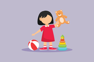 Little girl playing with doll. Children playing toys Concept. Colored flat vector illustration isolated