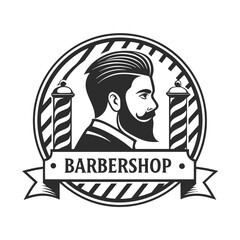 Obraz premium Barbershop Emblem With Barber Pole And Man Portrait
