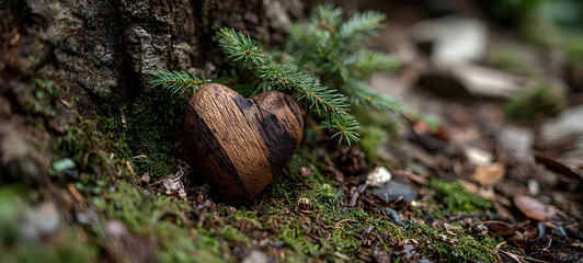Obraz premium Funeral wooden Heart near a fir spruce tree. Natural burial grave in the forest woods. Wood hearts on grass or moss. Tree burial