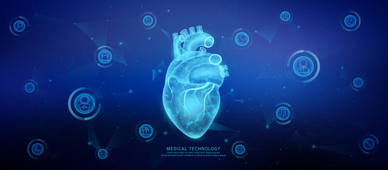 Translucent polygon heart organ connected medical technology network icons. Cyborg human collaboration. Health care technology digital. Banner vector.