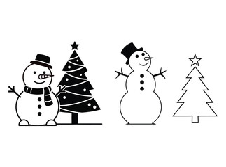 Snowmen and Christmas trees in simple line art style