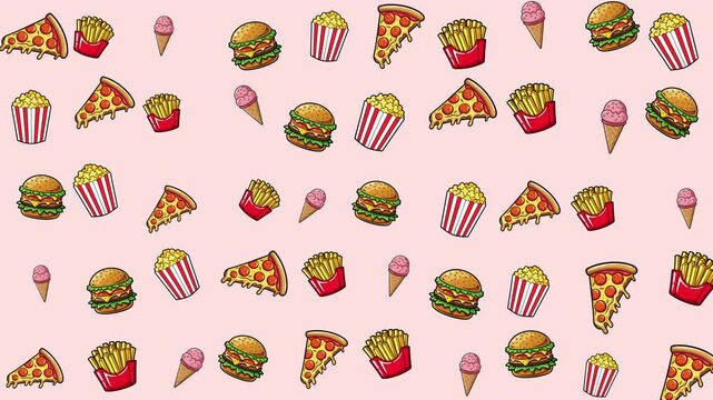 Pattern of various fast foods on a pink background suitable for food blogs, social media posts, restaurant menus, and advertising campaigns.