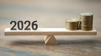 The word "2026" on the left side of a scale, with coins stacked next to it, symbolizing the balance of money and market trends in financial presentations.