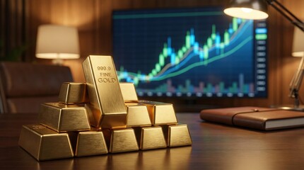Investment in stock of shiny gold bars office setting visual data analysis modern environment strategic viewpoint