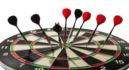 Darts embedded in a dartboard with red and black flights against a black background game sport