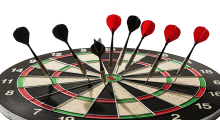 Darts embedded in a dartboard with red and black flights against a black background game sport