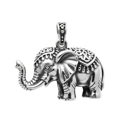 Detailed silver elephant pendant with ornate carvings and patterned saddle jewelry animal