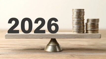 The word "2026" on the left side of a scale, with coins stacked next to it, symbolizing the balance of money and market trends in financial presentations.