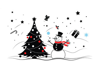 Festive snowman and Christmas tree in winter wonderland scene