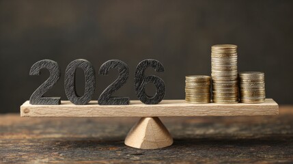 The word "2026" on the left side of a scale, with coins stacked next to it, symbolizing the balance of money and market trends in financial presentations.