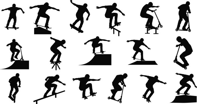 Skateboard and scooter silhouettes set showing riders performing extreme sports tricks jumps ramps street freestyle illustration vector
