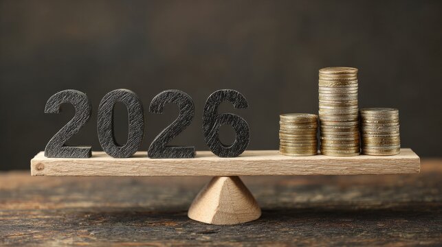 The word "2026" on the left side of a scale, with coins stacked next to it, symbolizing the balance of money and market trends in financial presentations. - Powered by Adobe