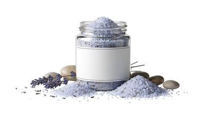 Glass jar filled with lavender bath salts surrounded by smooth stones and lavender sprigs on black background