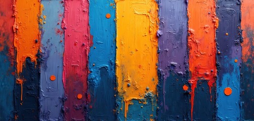 Thick oil paint strokes in bold vertical lines. Colorful texture with drips, splatters. Abstract art background for creative projects. Vivid hues create dynamic visual appeal. Offers energetic