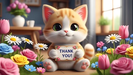 Cute cat holding thank you sign surrounded by colorful flowers