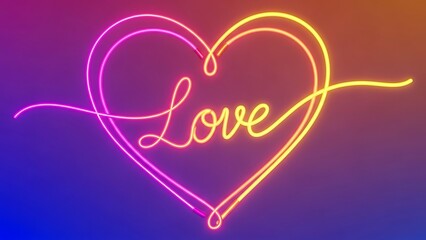 Vibrant neon heart with love text on colorful gradient background