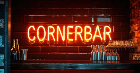 Fototapete Bar Red neon sign spells Cornerbar above dark bar counter. Brick wall background creates moody atmosphere. Glasses visible.  © antishock