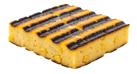 Grilled cornbread slice with visible corn kernels and dark grill marks on black background baked