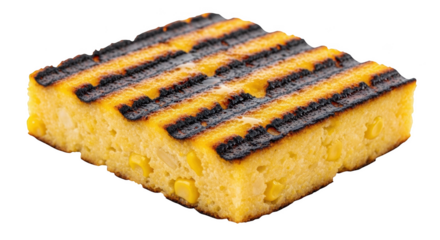 Grilled cornbread slice with visible corn kernels and dark grill marks on black background baked