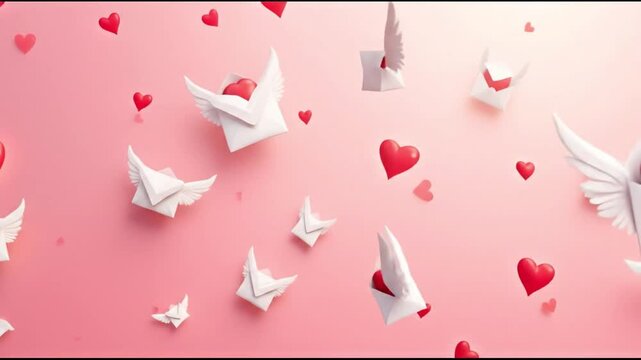 Flying Love Letters, Valentine&rsquo;s Day Background with Winged Envelopes & Floating Hearts on Soft Pink