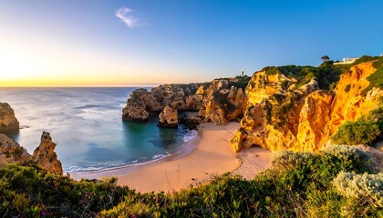 Scenic coastal cove view with golden cliffs, calm turquoise water, and warm sunlight