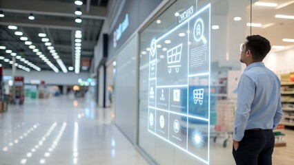 Modern man interacting with a futuristic retail display in a luxury shopping mall, featuring transparent holographic screens and digital touch for an innovative shopping experience. AI generated