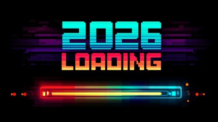 A futuristic "2026 loading" text with a glowing progress bar, set against a dark background, featuring retro video game elements and pixel art, with blurred bokeh lighting in the foreground.