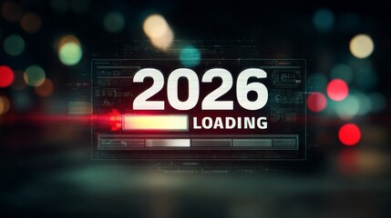 A futuristic "2026 loading" text with a glowing progress bar, set against a dark background, featuring retro video game elements and pixel art, with blurred bokeh lighting in the foreground.