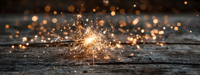happy new year, Silvester, New Year's Eve 2025 Party, New year, new years eve, Fireworks, Firework celebration background banner, new year card - Sparklers and bokeh lights on rustic black wooden wall
