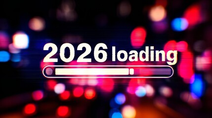 A futuristic "2026 loading" text with a glowing progress bar, set against a dark background, featuring retro video game elements and pixel art, with blurred bokeh lighting in the foreground.