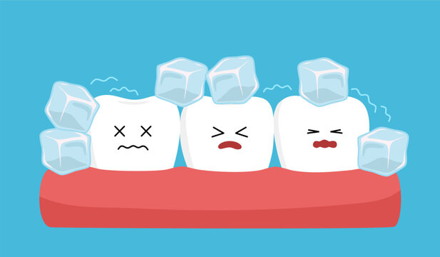 Sensitive teeth cartoon character with ice in flat design. Tooth sensitivity symptom concept.