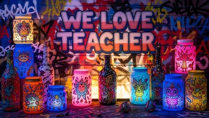 Vibrant graffiti jars with WE LOVE TEACHER message