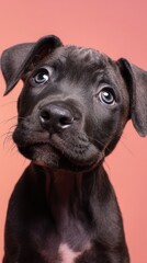 Obraz premium cute puppy portrait looking up, vertical composition, clean pastel background, emotional expression
