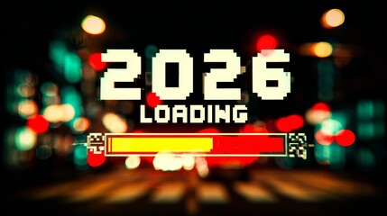 A futuristic "2026 loading" text with a glowing progress bar, set against a dark background, featuring retro video game elements and pixel art, with blurred bokeh lighting in the foreground.