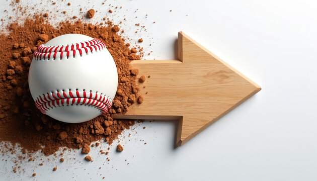 Baseball on brown dirt pile next to wooden arrow pointing right. Sports concept illustration. Game element. White background. Action move forward. - Powered by Adobe