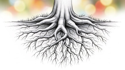 根のイラストが力強く広がる柔らかな光の背景