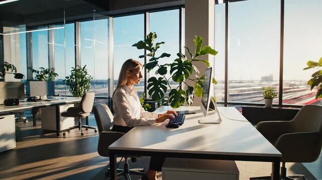 Young businesswoman working on a computer in a modern office with large windows and plants, natural light streaming in