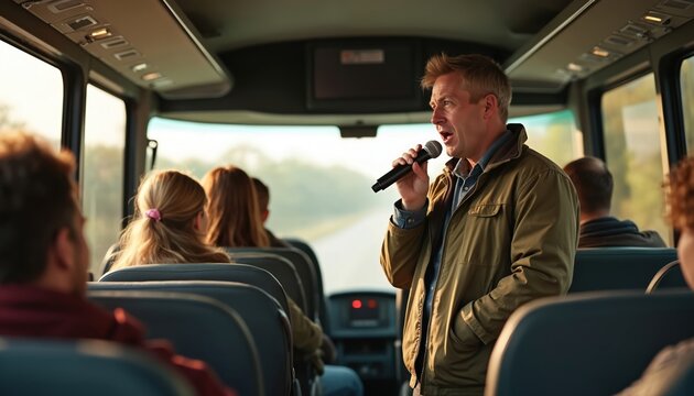 Tour guide speaks enthusiastically holding microphone for bus passengers. People listen intently on a road trip enjoying sightseeing and group camaraderie. Guide shares stories on journey.