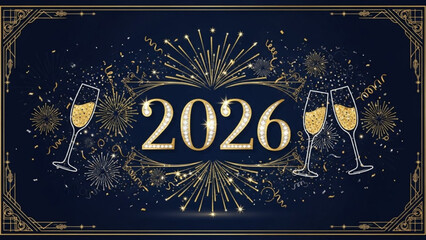 New year's eve celebration with champagne glasses and fireworks on dark background with gold accents for 2026 party