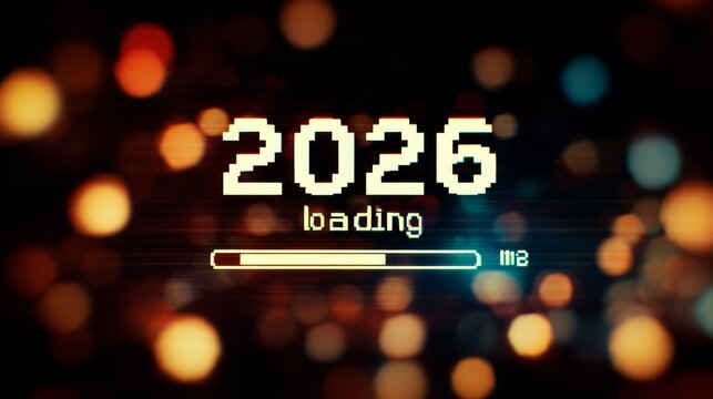A futuristic "2026 loading" text displayed in a digital style with a hologram effect, featuring a bokeh background, symbolizing the arrival of the new year and the concept of progress and technology. - Powered by Adobe