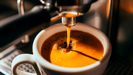 Fresh espresso coffee pouring from professional machine into white cup with rich crema.

