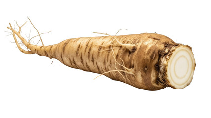 Single Parsnip Root Vegetable with Visible Rings and Thin Roots on Black Background food ingredient