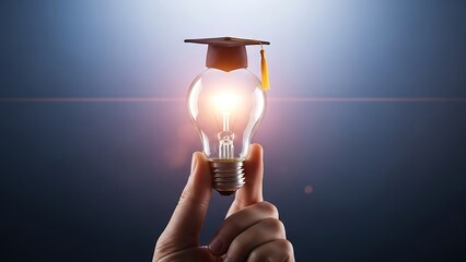 Hand holding lightbulb with graduation cap on top symbolizing education